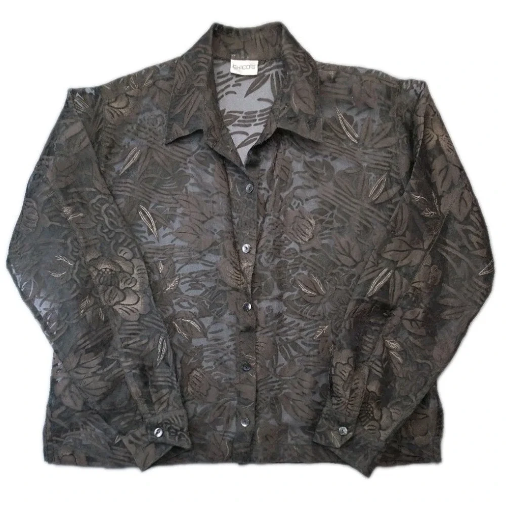 Chico's Women's Sheer Burnout Floral Button Down Blouse Long Sleeve Size 2